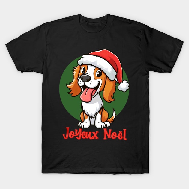 Brittany Breton Spaniel Dog Wearing Santa Hat Merry Christmas in French T-Shirt by Maljonic